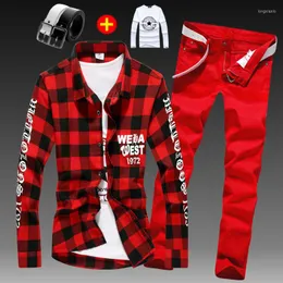 Men's Tracksuits Long Sleeve Shirt Jeans Pants Checks Plaids Shirts Casual Set 2pcs Red Blue White Trousers A2