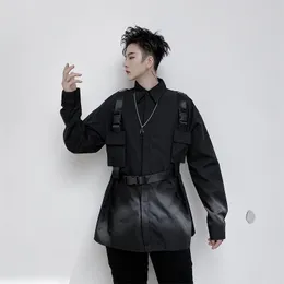 Herren-Freizeithemden, Herren-Techwear, abnehmbare Bänder, Schnalle, Langarm-Hemd, Herren-Harajuku-Punk-Streetwear, schwarz-weißes Hemd