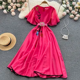 New Casual Dresses Summer Floral Print Slim Short Lady Dress A Line V Neck Chiffon Pullover Mid-Calf High Waist Women Dresses 2023