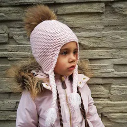 Basker furandown mode barn beanie vinter pompon hattar för barn flickor stickade ull öronflap mössa mössa virkning baby hatt
