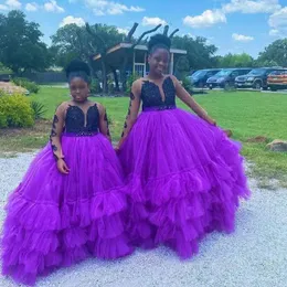 Girl Dresses Purple Puffy Flower Girls Black Appliques Tier Tulle Kids Birthday Party Gown Custom Made Child Special Occasion Wear