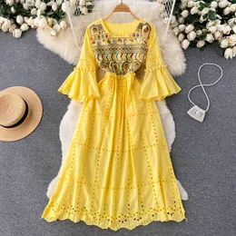 New Beach Casual Dresses Summer Floral Print Slim Full Lady Dress A Line O Neck Chiffon Pullover Mid-Calf High Waist Women Dresses 2023