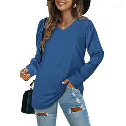 Kvinnors T-skjortor Kvinnor T-shirt Puff Long-Sleeve T-shirts Autumn V-ringad tröja Casual Tunic Tops Overdimensionerad blus Vintage Woman