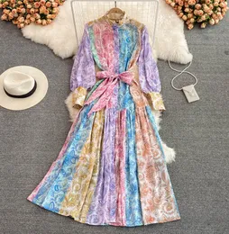 Frauen Kleid Frühling Stehkragen Puff Langarm Vintage Print Floral Mode Vestidos Tie Dye Lange Luxus Party 2023