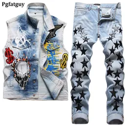 Retro Motorcycle Men's Tracksuits Vest and Jeans 2pcs Sets Metal Rock Badge Embroidered Waistcoat Matching Stretch Pentagram Pants Summer Fashion Clothing Man