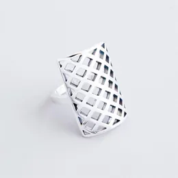 Cluster Rings Sole Memory Mesh Hollow Personality Geometry Cool Retro Silver Color Female Resizable Opening SRI434