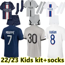 KIDS Kit Socks Mbappe Hakimi Soccer Jersey Sergio Ramos 23 23 Paris Maillots de Football 2022 2023 Marquino Verratti Psgs Hakimi Shirt Uniforms Maillot Foot Third
