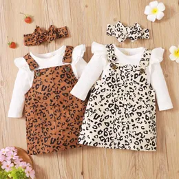 Kleidungssets für Kleinkinder, Mädchen, Herbst-Outfit, gerippter Strick-Body, Leopardenmuster, Hosenträger, Rock, Lätzchen, Kleid, Overalls, Stirnband