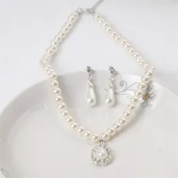 Pendant Necklaces Rhinestone Set Necklace Two-piece Earrings Imitation Pearl Water Drop Women's