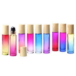 10-ml-Glasrollflaschen für ätherische Öle, Parfümflaschen, Farbverlaufsrollerflaschen mit Holzmaserungsverschluss, Edelstahlkugeln, Rollflaschen SN4138
