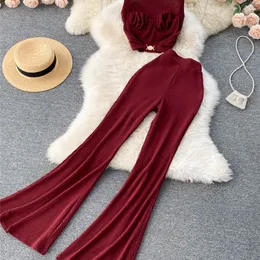 Cal￧as de duas pe￧as femininas Autumn Mulheres vermelhas/pretas/branco Conjunto de duas pe￧as elegante colarinho quadrado tampa curta e cintura alta cal￧as de moda feminina 220912