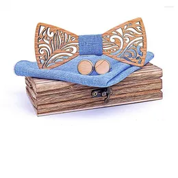 Bow Ties Fashion 3D Wood Bowtie For Mens Pocket Handduk Papillon Corbatas Hollow Carved Wood Tie Handkakor Manschettknappar