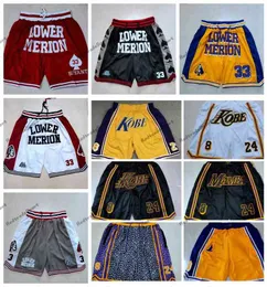 Vintage Just Bryant Don Bck Mamba Basketball Shorts 24/8 #33 Lower Merion High School Sport Pants Pocket Retro Bck Red Yellow Mens dragkedja Kort s￶mnad S-XXL