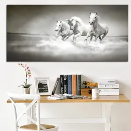 キャンバスペインティングリバーオイルペインティングHDプリントで走っているモダンな白い馬ポスターウォールポップアート写真リビングルームソファークアドロ