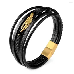 Charmarmband högkvalitativ äkta läderarmband för män fjäder rostfritt stål magnet lås klassisk charm man smycken gåva