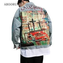 Jackets masculinos ABOORUN Men's Hip Hop Jackets Fashion Fashion Graffiti Jackets jeans impressos de streetwear Oversize Casal para masculino R1200 220912