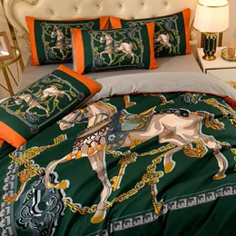 Luksusowe pomarańczowe zestawy pościeli King Designer Bawełna konia drukowana kołdra kołdra rozmiar arkusz łóżek mody poduszki kołowe set254w