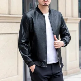 Męskie kurtki męskie faux skórzana kurtka motocyklowa stojak na crack kołnierz solidny błyskawiczny zamek błyskawiczny Cuff Streetwear