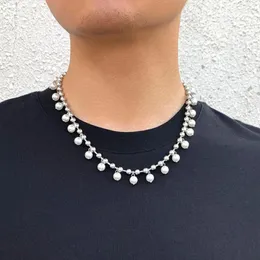 H￤nge halsband Hip Hop Silver Color Iron Beads Chain Choker halsband f￶r m￤n barock sm￥ simulerade p￤rlor tofs krage goth smycken