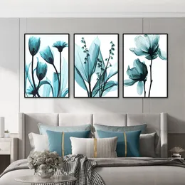 Streszczenie niebieskiego zielonego malarstwa kwiatów wydrukowane na płótnie nordyckie plasterka ścienna grafiki obrazowe i plakaty do dekoracji ściany domu