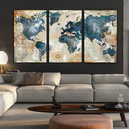 3パネル水彩画の世界地図絵画HDプリントキャンバスランドスケープモジュラーウォールペインティングソファークアドロスアートリビングルームの画像