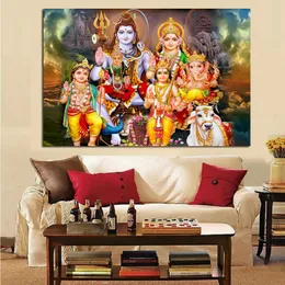 Malarstwo Shiva Parvati Ganesha sztuka indyjska hinduski bóg rysunek płótno plakat religijny i drukowany obraz ścienny do wystroju salonu