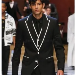 Męskie garnitury Blazery Najnowsze projekty spodni płaszczowej Czarne białe wykończenie męskie garnitur Slim Fit Custom Made Groom PROIT 3 -PALETNE TUXEDO Blazer 220909
