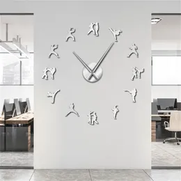 Wall Clocks Karate Taekwondo Large DIY Clock Athlete Fighting Mirror Stickers Watch Living Room Decoration Horologe 220909