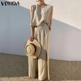 Women's Two Piece Pants VONDA Fashion Women Palazzo Pant Sets De Mujer Crew Neck Tank Tops And Wide Leg Long Trousers Summer Sleeveless Suits Solid 2PCS 220913