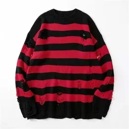 Mens Sweaters Guo Ins Retro Couple Broken Cave Sweater Korean Version Of The Brand Loose Round Collar Strip Wearing A Womens 220912