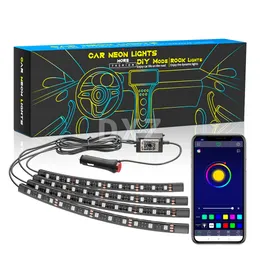 4 in 1 자동차 인테리어 네온 RGB LED 스트립 조명 12SMD 무선 앱 원격 음악 제어 장식 분위기 램프 USB 12V