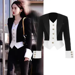 Jaqueta feminina manga longa falsa 2 peças cintura fina color block casaco curto SM