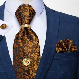 Bow Ties Gold Floral Men's Neck Tie Handkerchief Cufflinks 8cm Width Silk For Men Wedding Party Accessories Cravat