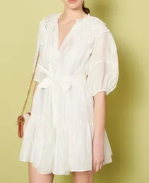 2022 가을 3/4 슬리브 피터 팬 넥 라인 흰색 드레스 프랑스 스타일의 단색 허리 벨트 패널 짧은 드레스 22S13123