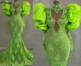 Verde arabo Aso Ebi Abiti da ballo Retro Puff maniche lunghe Applicazioni di pizzo in rilievo Plus Size Abiti da sera celebrità Sirena Collo alto Abito da seconda accoglienza CL1117