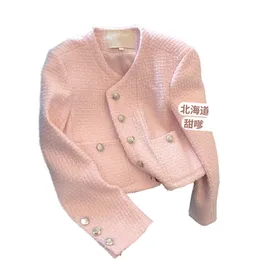 Damen-Tweed-Jacke mit langen Ärmeln, rosa Farbe, einreihiger Kurzmantel mit O-Ausschnitt, Größe SML