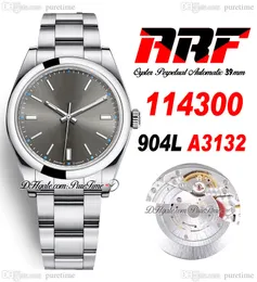 ARF 39mm 114300 SH3132 Automatisk herrklocka Polerad Bezel Rhodium Grey Dial Stick Markers 904L Steel Oystersteel Armband Super Edition Samma seriekort PURETIME 4