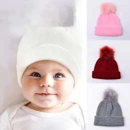 Berets Herbst Winter Baby Pelz Pom Poms Beanie Hüte Mädchen Jungen Kinder Häkeln Outdoor Warm Halten Gestrickte Hut Geschenk Skullies mützen