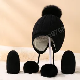 Меховой мяч детские шляпные перчатки установили осенние зимние дети вязаные шапки