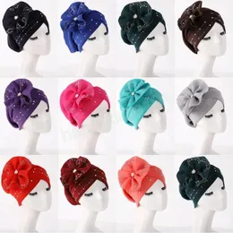 Shinestone Big Flower Wrap Turban Cap Moda mu￧ulmana Partem das mulheres Top chap￩us de cabeceira africana femme Bonnet bandana