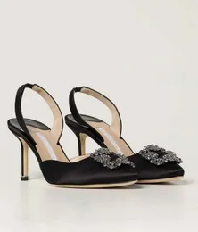 Topp lyxiga kvinnor hangisli sandaler skor sexiga slingbacks gl￤nsande satin kristall juveler sp￤nne h￶ga stilett klackar lyxiga promenad sandalier