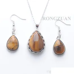 Earrings Necklace Earrings Fashion Jewelry Set For Women Dangle Pendant Natural Tigers Eye Stone Teardrop Bead Necklacecha Lulubaby Dhpir