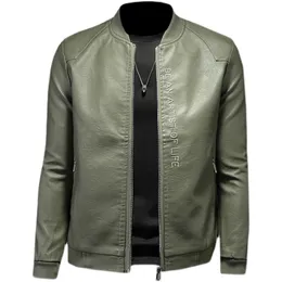 Men's Leather Faux Autumn and winter men's baseball collar slim short handsome motorcycle leather jacket / boutique green PU coat 220913