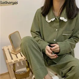 Kvinnors sömnkläder Green Plaid Casual Pyjama Set Women Single Breasted Ins Japan Turn-Down Collar Nightwear Spring Fall Elastic Midje Homewear 220913