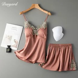 Женская одежда для сна Daeyard Sexy 2 штуки Женские пижама сета Sling Silk Nightwear Summer Elegant кружевные пижам