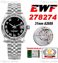 EWF 31MM 278274 ETA A2688自動レディースウォッチフルートベゼルブラックダイヤルマーカーJubileSteel Bracelet Super Edition Womens SAKE SERIES CARD CARD CARD PURETIME G7