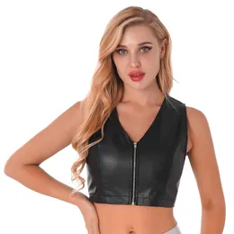 Catsuit Costumes Black Womens Ladies Fashion V Neck Zipper Waistcoat Blouse Tops Casual Sleeveless shiny metallic Leather Vest Crop Top Wetlook Tanks