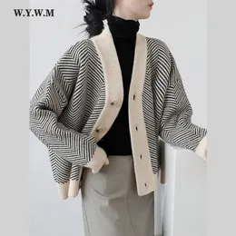 女性のセーターwywm fall fall striped nittedカーディガンセーター女性ビンテージ韓国のシックな長袖コートファッションストリートウェアルーズ女性トップ220913