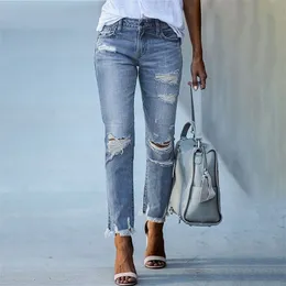 Kvinnors jeans penna byxor rippade smala passform h￶g midja vintage streetwear casual mode stretch bl￥ kvinna 220913