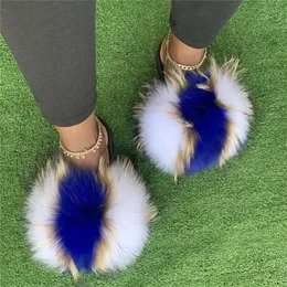 Slippers Summer Women Raccoon Fur Slippers Ladies Plush Slides Female Furry Sandals Fluffy House Shoes Girls Cute Flip Flops Large Size 220913